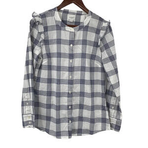 J.Crew Button up Shirt Womens Sz Small White Blue Plaid Check Ruffle 100% Cotton